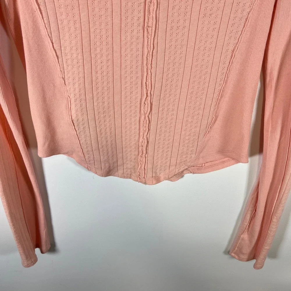 Free People We The Free Pink Pointelle‎ V-Neck Long Sleeve Top OB1817655 Medium